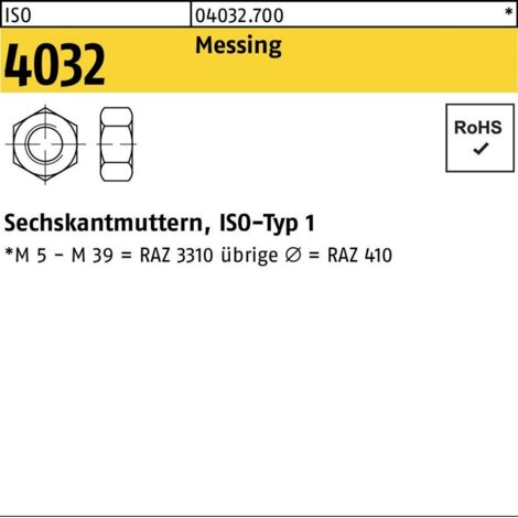 Sechskantmutter ISO 4032 M 16 x 2 Messing blank 100 Stk