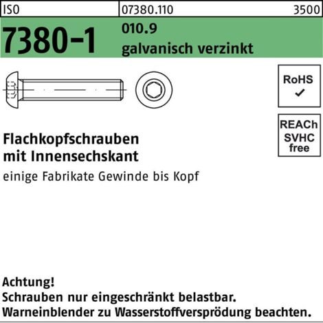 ISO 7380-1 Flachkopfschraube VG M16x45 Stahl 10.9 galvanisch verzinkt Innensechskant 50 Stk