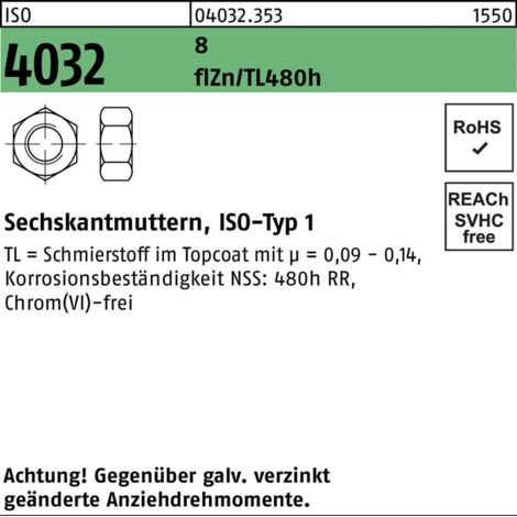 Sechskantmutter ISO 4032 M 8 x 1,25 Stahl zinklamellenbeschichtet 1000 Stk