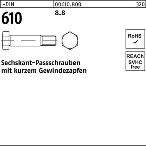 DIN 610 Sechskant-Passschraube M16x70 Stahl 8.8 blank m. Gewindezapfen 10 Stk