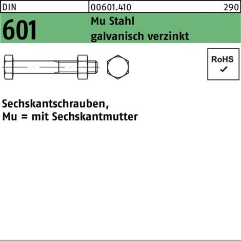 DIN 601/ISO 4016 Sechskant-Schaftschraube M20x120 Stahl 4.6 galvanisch verzinkt m. Mutter 25 Stk