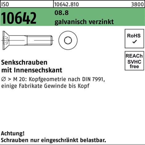 DIN 7991/ISO 10642 Senkschraube 8.8 Stahl M 16 x 65 galvanisch verzinkt Innensechskant 25 Stk