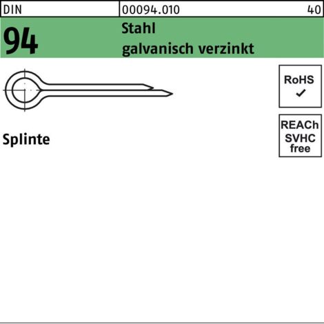 DIN 94/ISO 1234 Splinte Stahl 10 x 90 galvanisch verzinkt gal Zn S 100 Stk