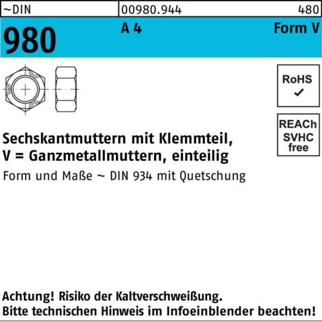Selbstsichernde Sechskantmutter DIN 980 M 10 x 1,5 Edelstahl A4 blank 100 Stk