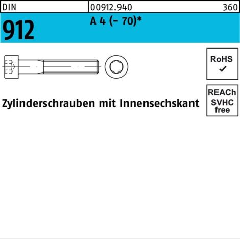 DIN 912/ISO 4762 Zylinderkopf-Schaftschraube M6x80 Edelstahl A4 70 blank Innensechskant 100 Stk
