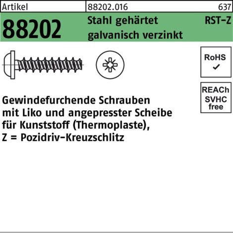 Gewindefurchendeschraube R 88202 Liko Kreuzschlitz-PZ 4 x 20 -Z Stahl gehärtet galvanisch verzinkt