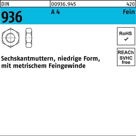 Sechskantmutter DIN 936 M 12 x 1,5 Edelstahl A4 blank 50 Stk