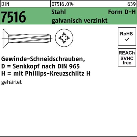DIN 7516 Form D Senkkopf-Gewindeschneidschraube VG M6x40 Stahl galvanisch verzinkt PH 250 Stk