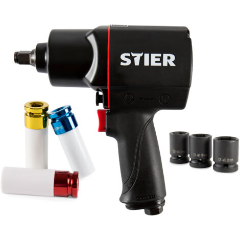 STIER Druckluft Schlagschrauber 17-BBS, Satz 8-teilig, max. Lösemoment 1.756 Nm, Kraft-Steckschlüsseleinsatz 1/2 Zoll, Stecknippel 1/4 Zoll, 3 Geschwindigkeitsstufen