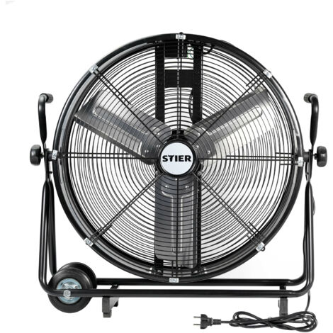 STIER Trommelventilator Bodenventilator, fahrbar, 330W, Ø600mm, Windmaschine, Industrieventilator, Hallenlüfter, Standventilator, Hallenkühlung, schwarz, Neigungswinkel einstellbar