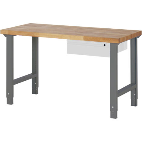 STIER Höhenverstellbare Werkbank Premium, 1 Schublade, 150x70x79-114cm, aus pulverbeschichtetem Stahl und Buche, ideal für flexible und ergonomische Arbeitsumgebungen