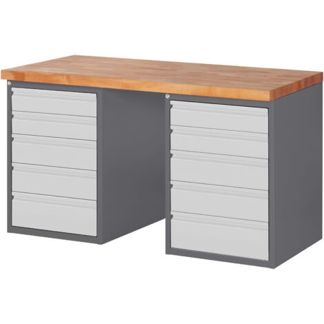 STIER Werkbank Premium, 10 Schubladen, 150x70x84 cm, aus pulverbeschichtetem Stahl und Buche, ideal für umfangreiche Werkstattanforderungen, vielseitig und langlebig, praktische Lösung