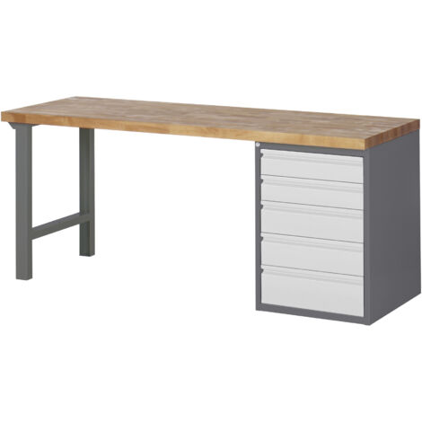 STIER Werkbank Premium, 5 Schubladen, 200x70x84 cm, aus pulverbeschichtetem Stahl und Buche, perfekt für vielseitige Werkstatt- und Montageaufgaben, robust, praktisch und effizient