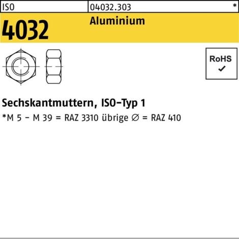 Sechskantmutter ISO 4032 M 10 x 1,5 Aluminium blank 100 Stk