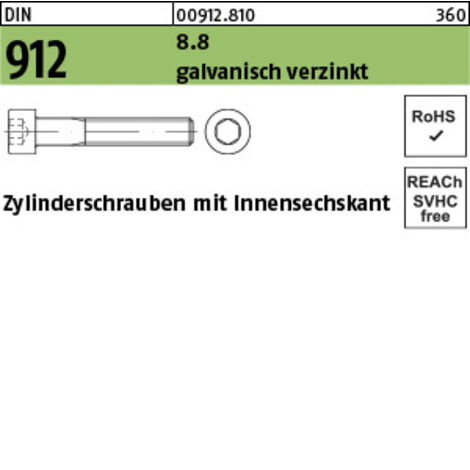 DIN 912/ISO 4762 Zylinderkopf-Schaftschraube M12x40 Stahl 8.8 galvanisch verzinkt Innensechskant 100 Stk