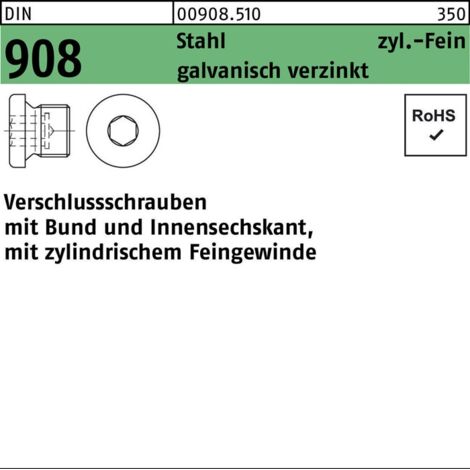 DIN 908 Verschlussschraube Feingewinde VG M18x1,5 Stahl 5.8 galvanisch verzinkt ISK m. Bund 100 Stk (1/2)