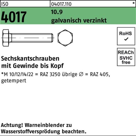 ISO 4017 Sechskantschraube VG M6x30 Stahl 10.9 galvanisch verzinkt 500 Stk