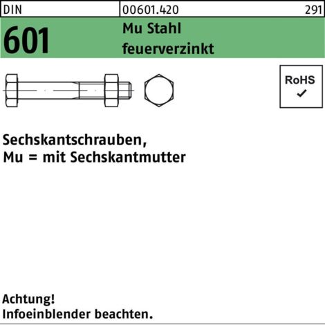 DIN 601/ISO 4016 Sechskant-Schaftschraube M16x130 Stahl 4.6 feuerverzinkt m. Mutter 25 Stk (1/2)
