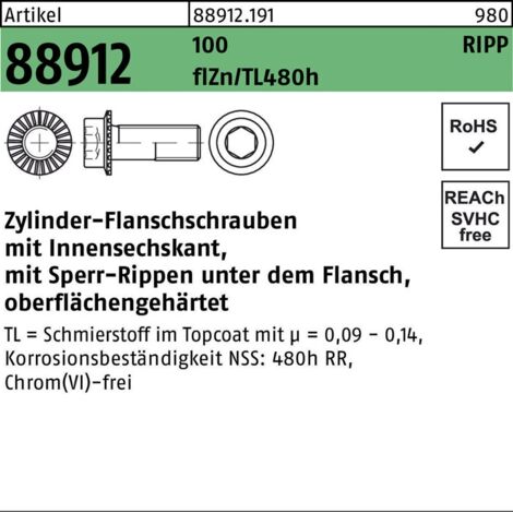 Zylinderkopf-Flanschschraube VG M6x12 Stahl 10.9 zinklamellenbeschichtet Innensechskant m. Sperrrippen 500 Stk (1/2)