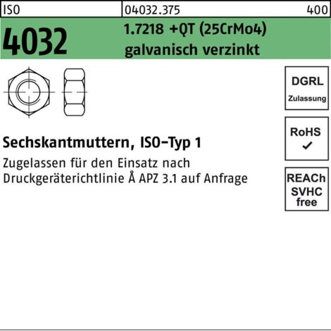 Sechskantmutter ISO 4032 M 33 x 3,5 1.7218 (25CrMo4) galvanisch verzinkt 10 Stk