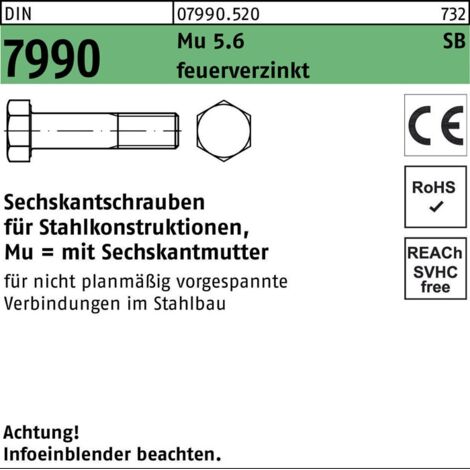 DIN 7990 Sechskant-Schaftschraube M12x55 Stahl 5.6 feuerverzinkt m. Mutter 100 Stk (1/2)