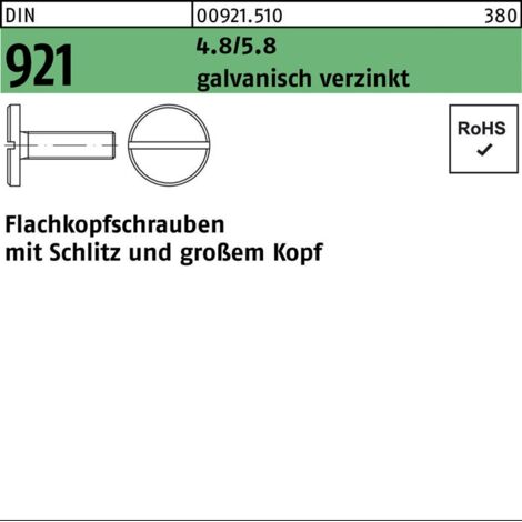 DIN 921 Flachkopfschraube VG M8x20 Stahl 4.8 galvanisch verzinkt Schlitz m. großem Kopf 100 Stk