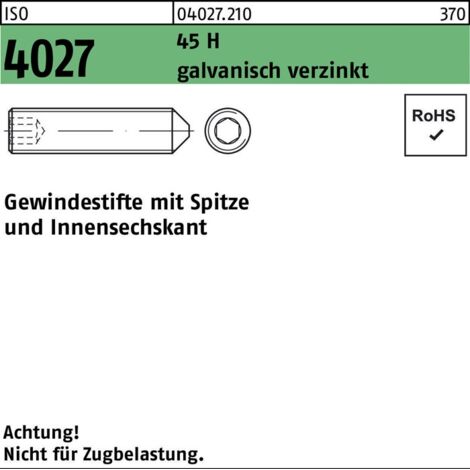 ISO 4027 Gewindestifte mit Spitze & Innensechskant 45 H M 10 x 16 galvanisch verzinkt gal Zn S 200 Stk
