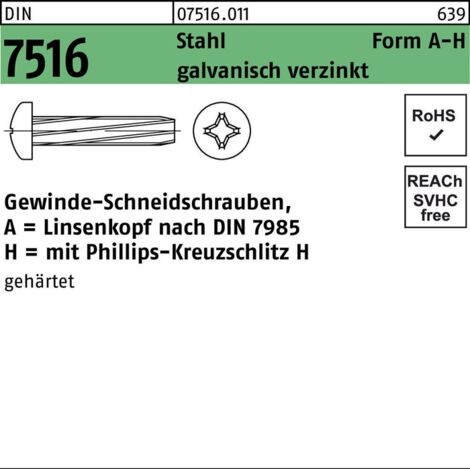 DIN 7516 Form A Linsenkopf-Gewindeschneidschraube VG M5x35 Stahl galvanisch verzinkt PH 500 Stk