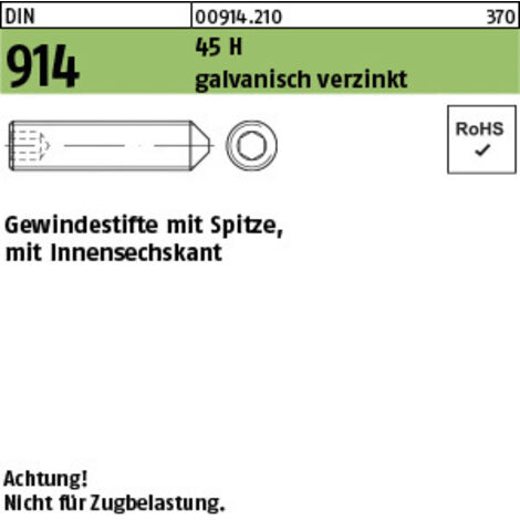 Gewindestift DIN 914 m.Spitze/Innensechskant M 20 x 50 45 H galvanisch verzinkt