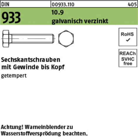 DIN 933/ISO 4017 Sechskantschraube VG M18x40 Stahl 10.9 galvanisch verzinkt 50 Stk