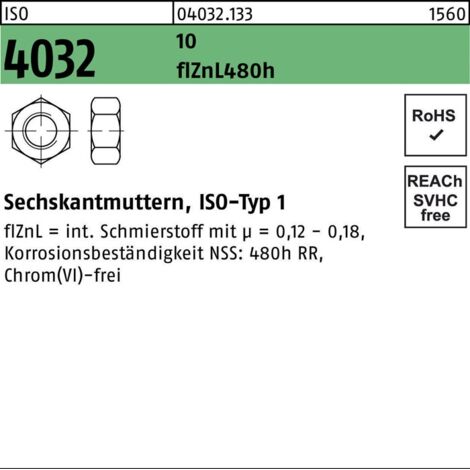 ISO 4032 Sechskantmutter 10 M 24 flZnL/nc/x/x/480h/C flZn 50 Stk