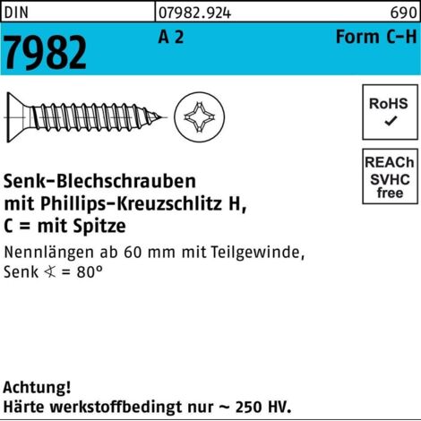 DIN 7982 Form C Senkkopf-Blechschraube VG 6,3x22 Edelstahl A2 blank PH 500 Stk (1/2)