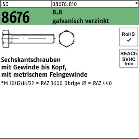 ISO 8676 Sechskantschraube Feingewinde VG M18x55 Stahl 8.8 galvanisch verzinkt 25 Stk (1/2)