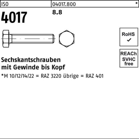 ISO 4017 Sechskantschraube VG M16x210 Stahl 8.8 blank 25 Stk