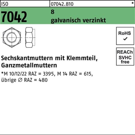 Selbstsichernde Sechskantmutter ISO 7042 M 18 x 2,5 Stahl galvanisch verzinkt 50 Stk