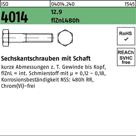 ISO 4014 12.9 M 12 x 60 flZnL/nc/x/x/480h/C flZn S 100 Stk