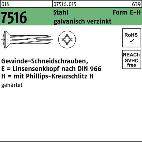 DIN 7516 Form E LinsenSenkkopf-Gewindeschneidschraube VG M3x10 Stahl galvanisch verzinkt PH 1000 Stk