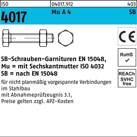 Sechskantschraube ISO 4017 VG Mutter M24x 60 A 4-70 SB 10 Stück