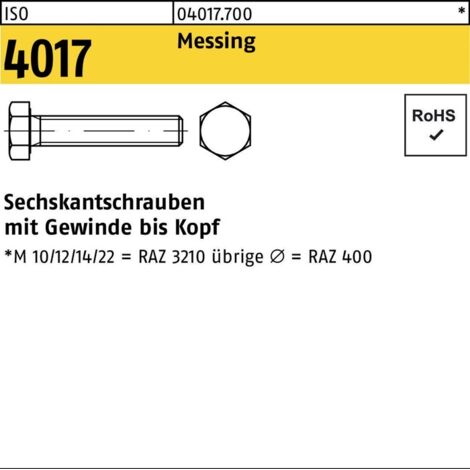 ISO 4017 Sechskantschraube VG M16x80 Messing blank 10 Stk