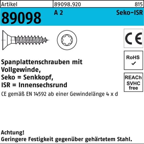 ART 89098 Spanplattenschr. Seko CE A 2 5 x 70 -T25 Vollgewinde A 2 S 500 Stk