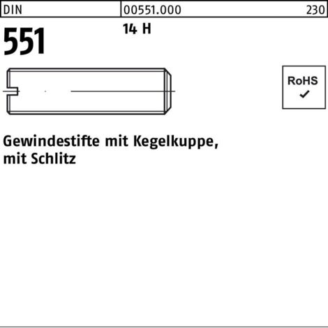 DIN 551/ISO 4766 Gewindestift VG M10x80 Stahl 14H blank Schlitz m. Kegelkuppe 100 Stk