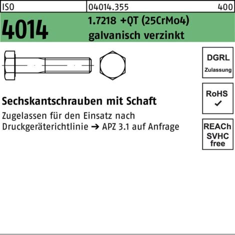 ISO 4014 Sechskant-Schaftschraube entspr. DGRL M20x110 1.7218 (25CrMo4) galvanisch verzinkt 25 Stk