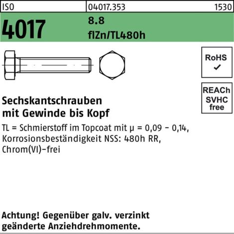 ISO 4017 Sechskantschraube VG M16x55 Stahl 8.8 zinklamellenbeschichtet 50 Stk