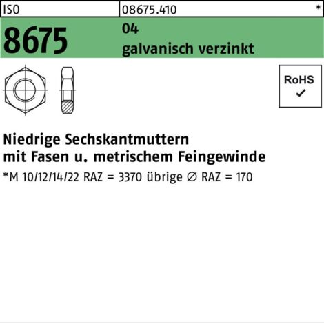 Sechskantmutter ISO 8675 M 22 x 1,5 Stahl galvanisch verzinkt 50 Stk