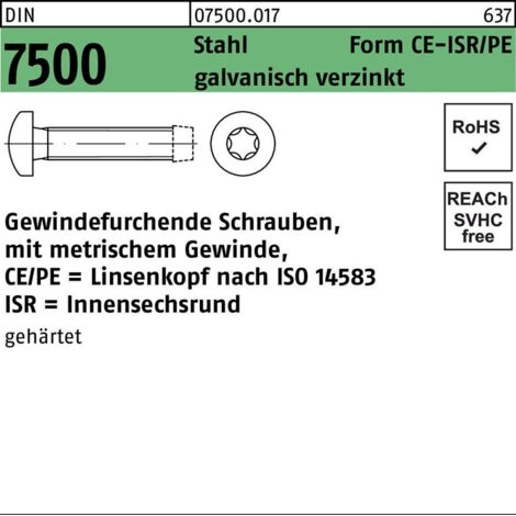 DIN 7500 Form CE Gewindefurchende Linsenkopfschraube VG M5x35 Stahl galvanisch verzinkt TX 1000 Stk