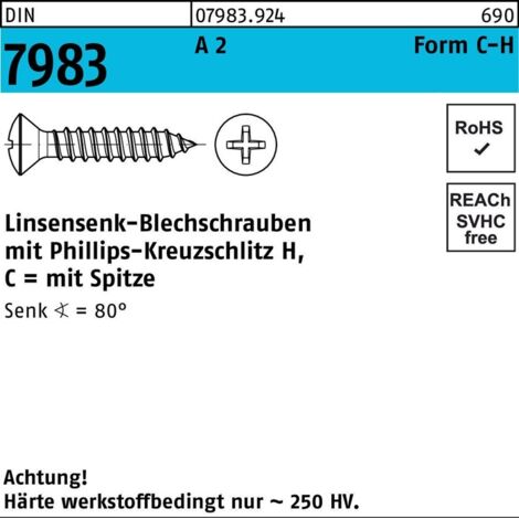 DIN 7983 Form C Linsensenkkopf-Blechschraube VG 4,2x16 Edelstahl A2 blank PH 1000 Stk (1/2)