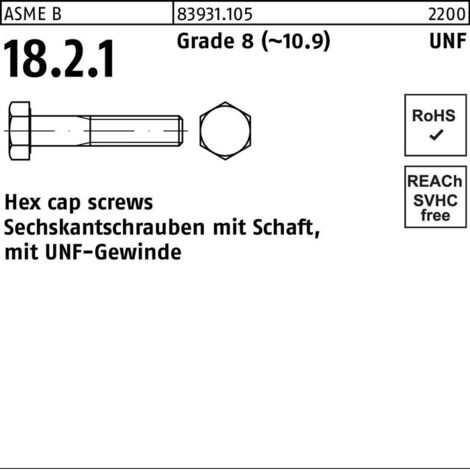 ASME B 18.2.1 Sechskantschraube UNF 1/2x1,27x2" Stahl 10.9 blank" 50 Stk (1/2)