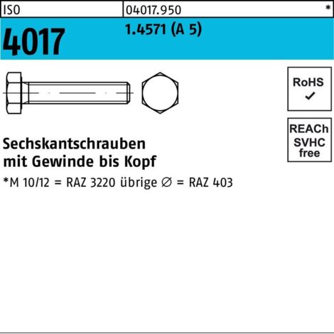 ISO 4017 1.4571 M 8 x 60 A 5 S 100 Stk