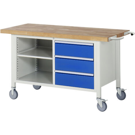 Werkbank B1500xT700xH880mm Buche massiv lichtgrau enzianblau 3 Schubl.fahrbar (1/4)