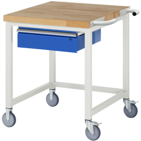 Werkbank B750xT900xH880mm Buche massiv lichtgrau enzianblau 1 Schubladen RAU (1/4)